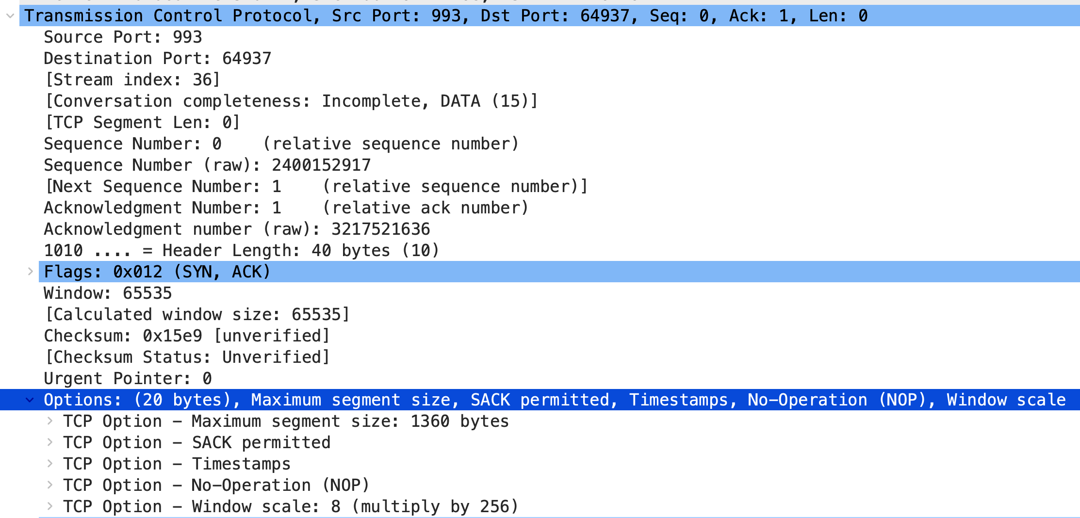 Trace d'un segment TCP avec plusieurs options