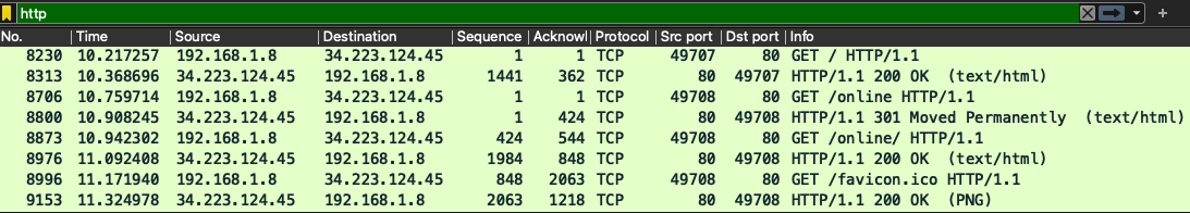 Capture Wireshark d'un échange HTTP